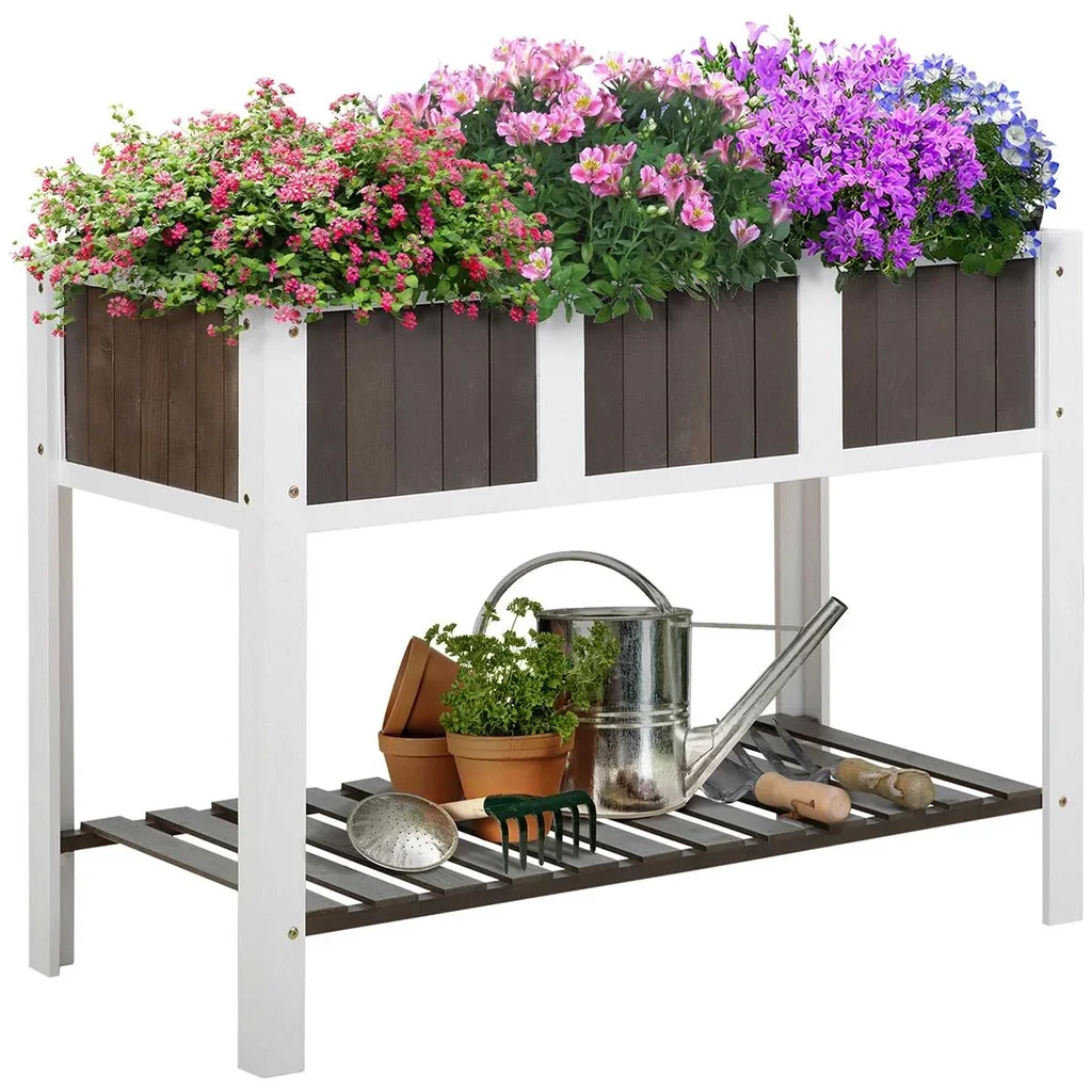 Planting table garden work table wooden garden beds for vegetables flowers, plant pot with shelf, 119 x 57 x 89 cm, fir, n