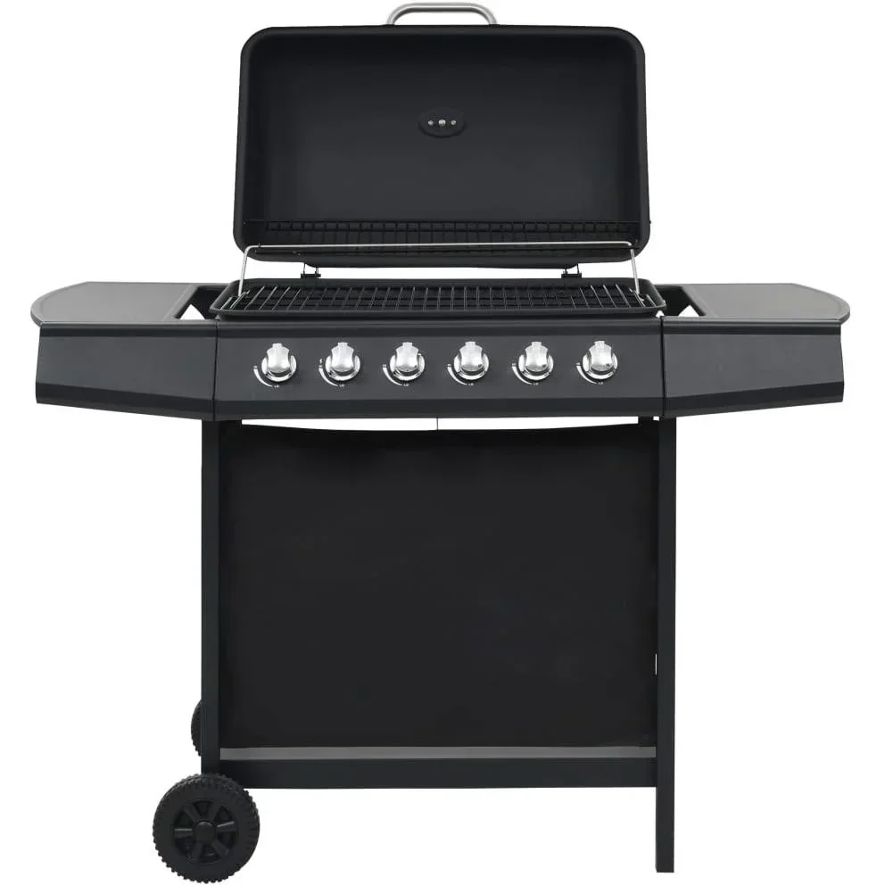 Gas grill with 6 cooking burners, black steel