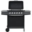 Gas grill with 6 cooking burners, black steel