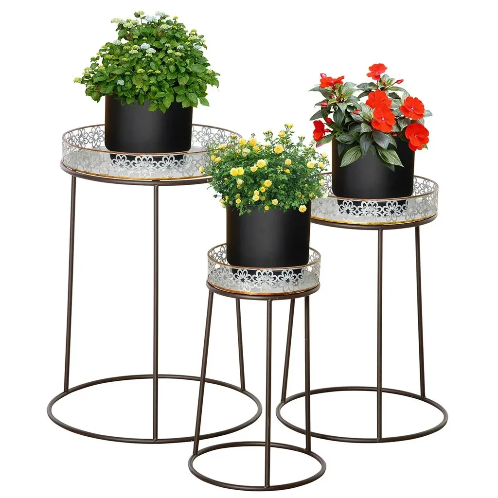 Flower stand set of 3 made of metal for flower pots, stackable, coffee and silver
