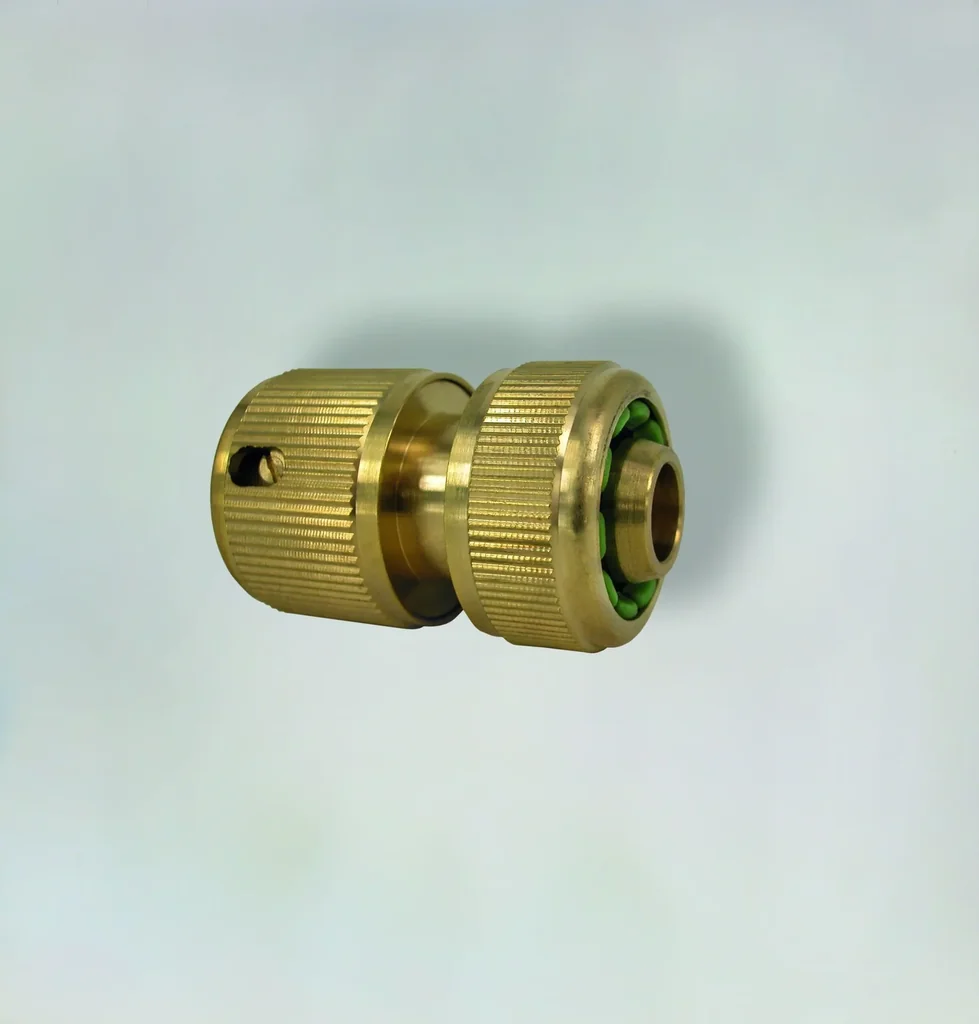 Brass hose connector, plug-in system for 3/4", with water stop
