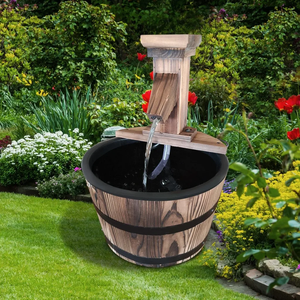 Garden fountain, ornamental fountain, barrel fountain, waterfall, wooden barrel, dark brown, 27 x 37 cm