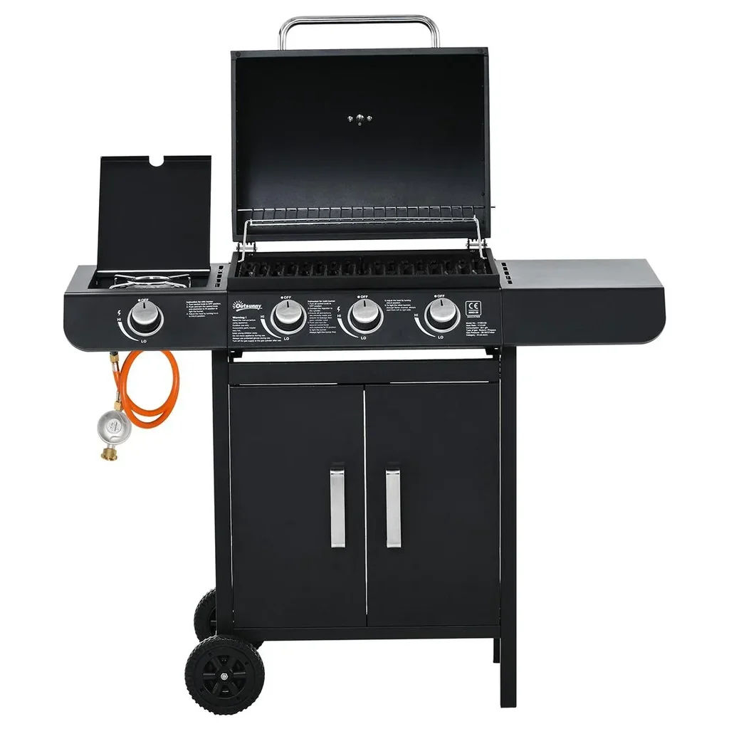 Gas grill BBQ grill cart with 3 burners 1 side burner pressure reducer hoses cabinet multifunction metal black 110