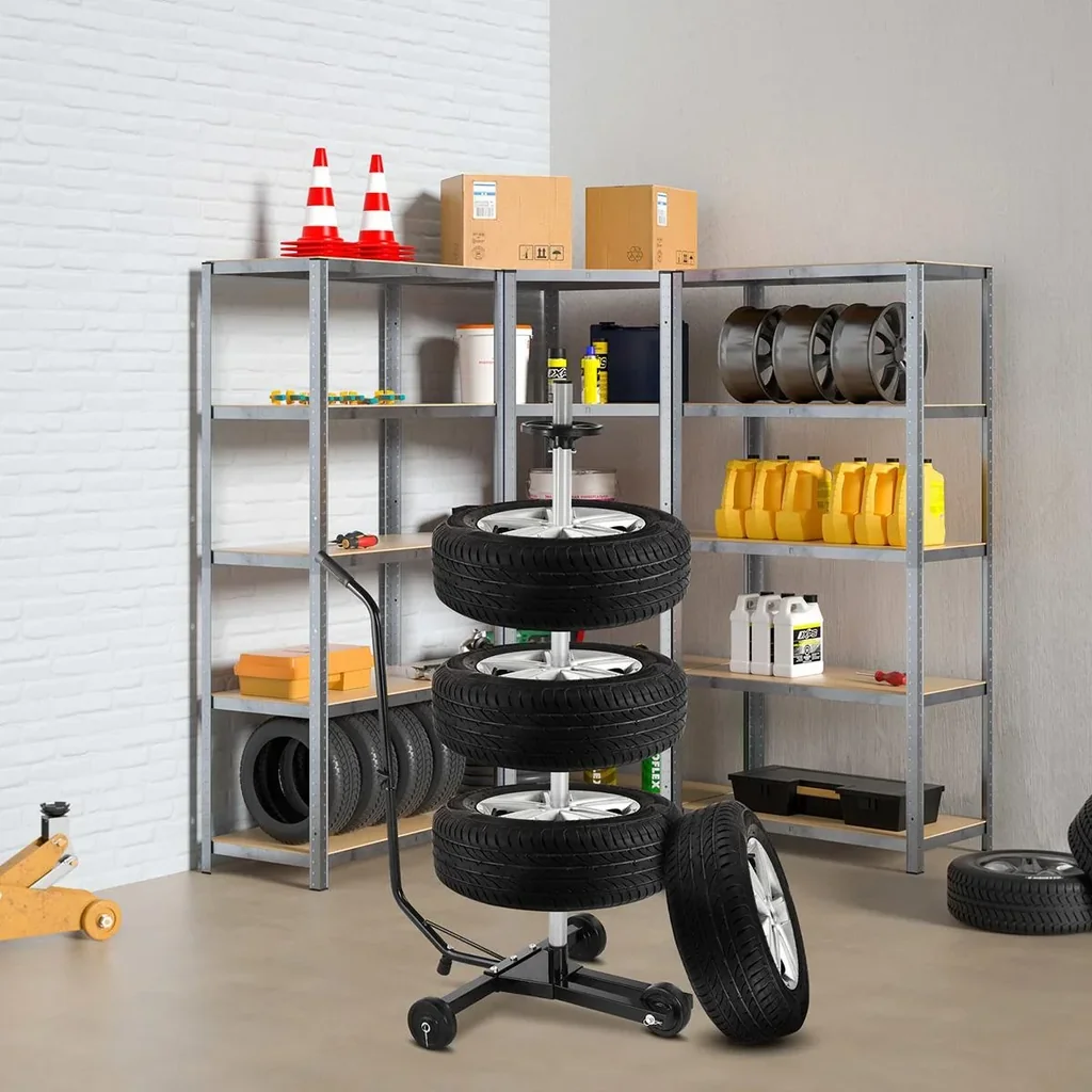 Mobile tire rack for 4 tires, including protective cover