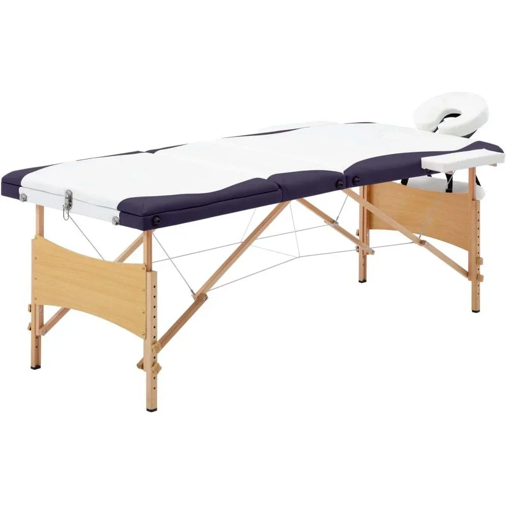 Folding massage table 3 zones wood white and purple