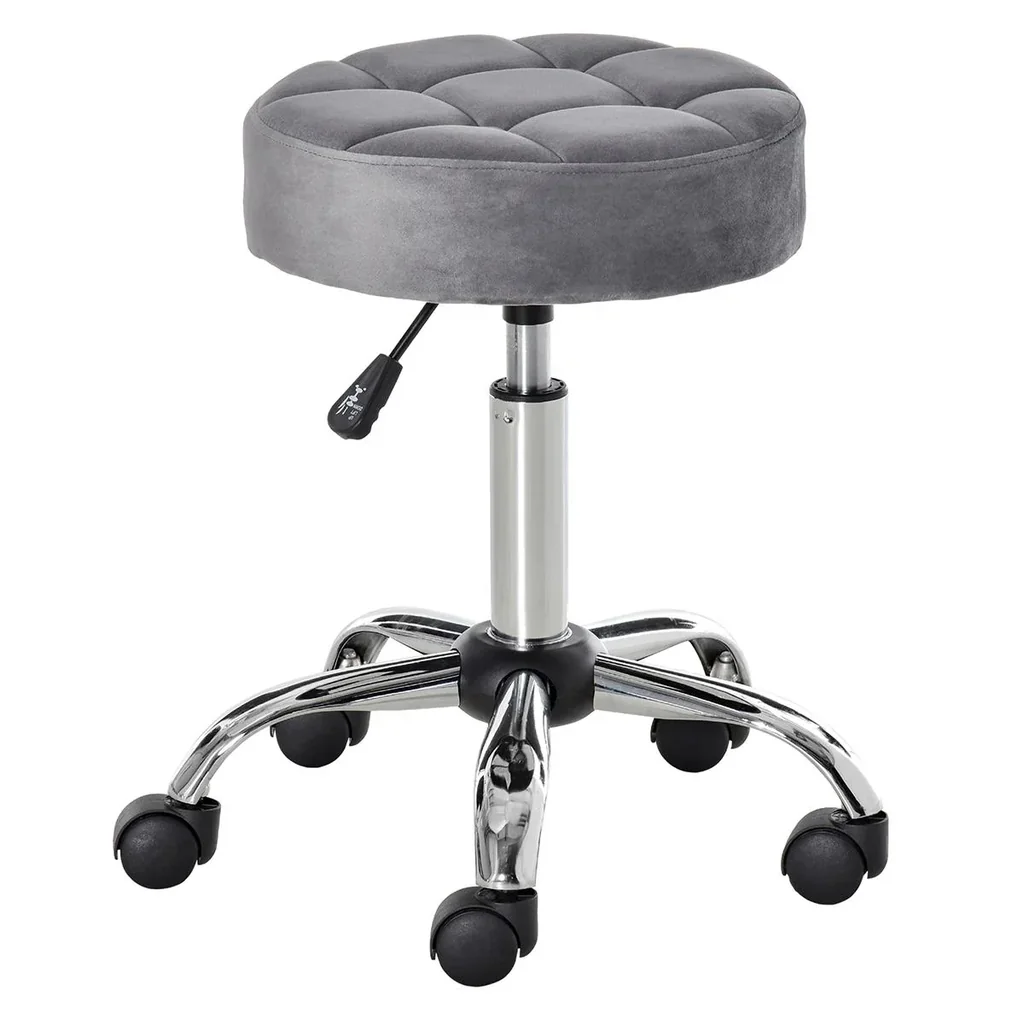 Salon chair with wheels, rolling stool, height adjustable, rotating, salon stool, velvet touch foam, chrome base, grey, 35 x 35 x