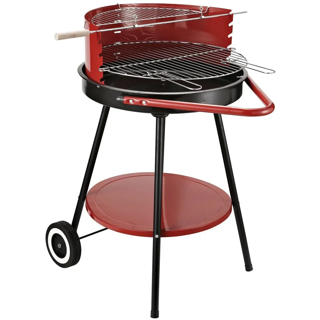 Charcoal grill round grill on wheels with shelf metal red