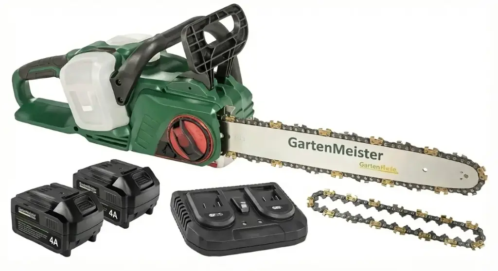 Set cordless chainsaw + 2 x 4 Ah batteries + double fast charger + chain