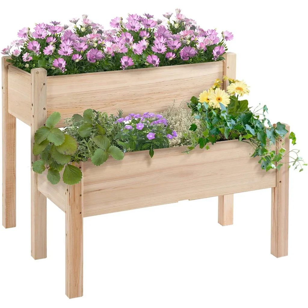 Raised bed 2 levels cold frame herb bed planter with 8 drainage holes solid wood natural 86 x 85 x 72 cm