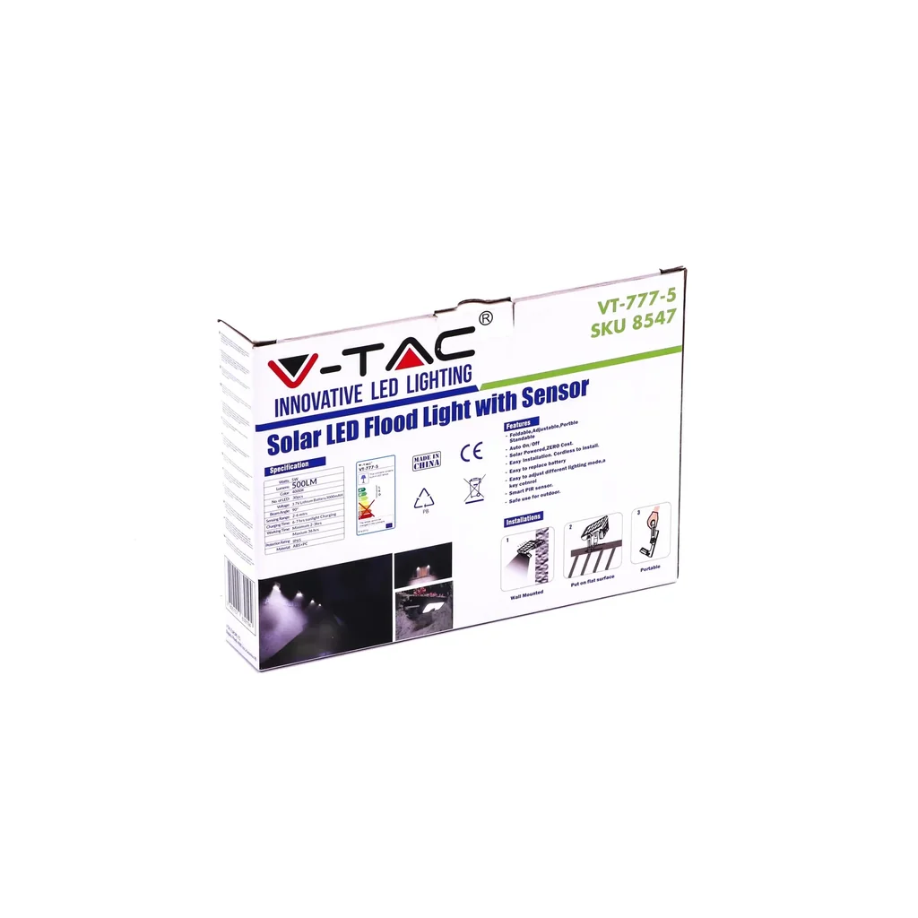 VT-777-5 Floodlight with Sensor - Solar - 5W - 4000K - 500 Lumen