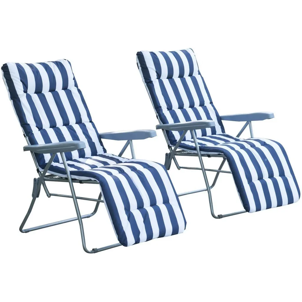 2 x folding chairs sun lounger armrest foldable blue/white