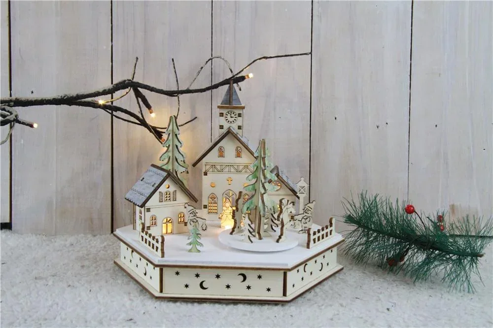 LED wooden lamp village square with 3 warm white LEDs