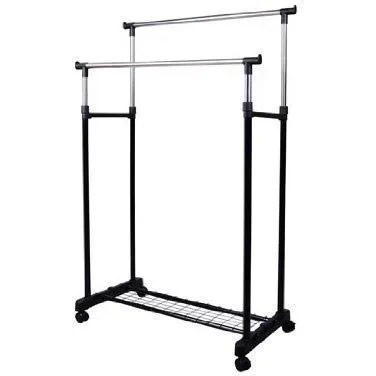 Clothes rack with 2 rods, rollable, height-adjustable coat rack