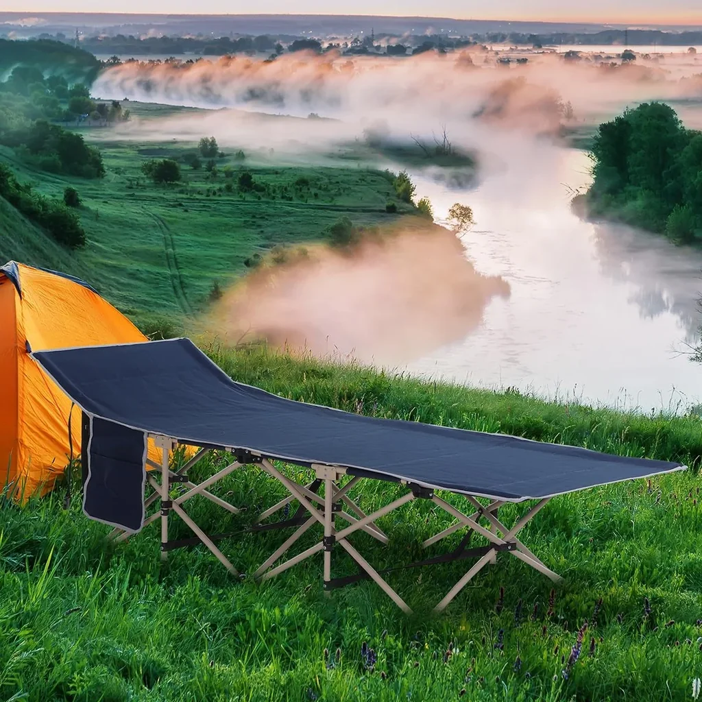 Camp bed with storage bag blue/beige