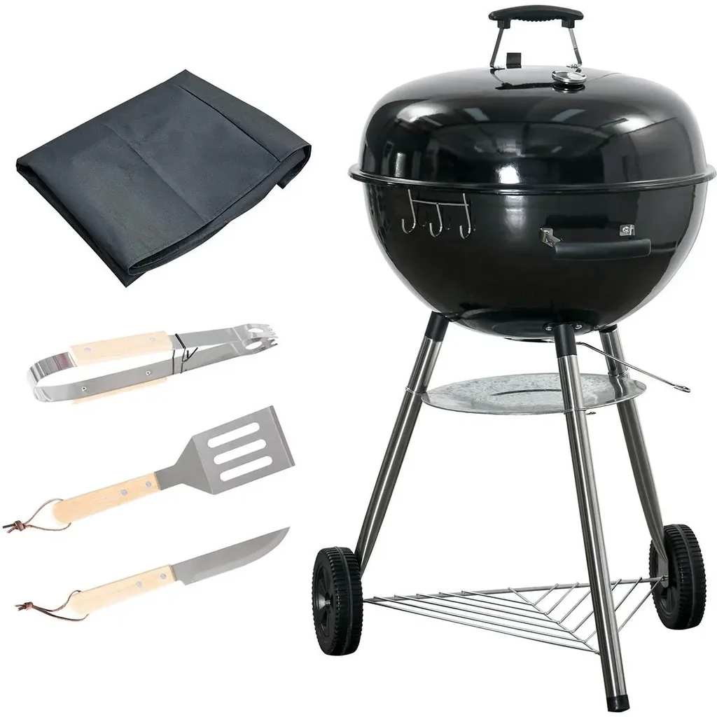 BBQ charcoal grill - with thermometer - black - 65 x 65 x 108 cm