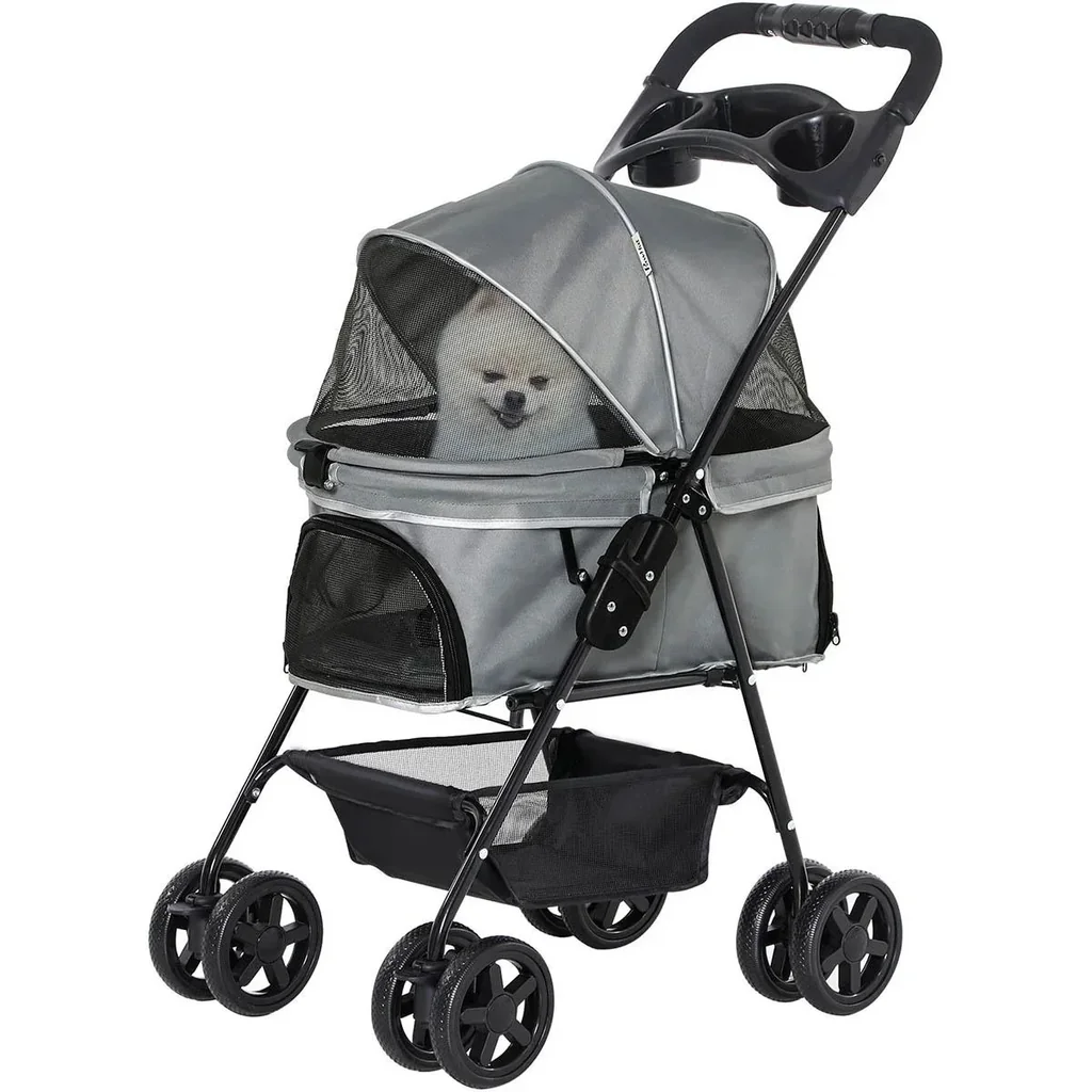 Dog buggy with folding function Dog buggy for dogs and cats Pet buggy Cat buggy Oxford Grey 67 x 45 x 96 cm