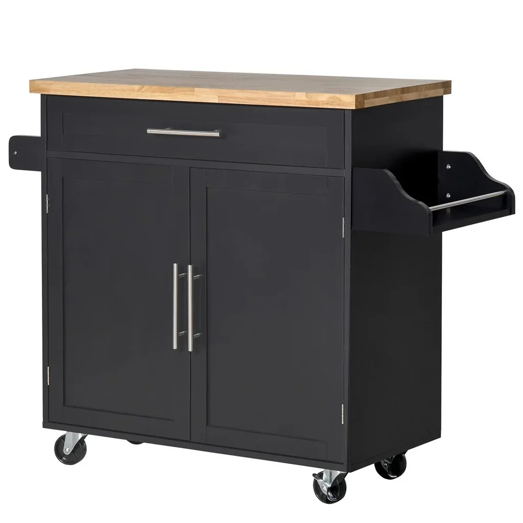 Kitchen trolley on wheels, serving trolley with height-adjustable shelves, MDF, black, 109 x 40 x 89 cm