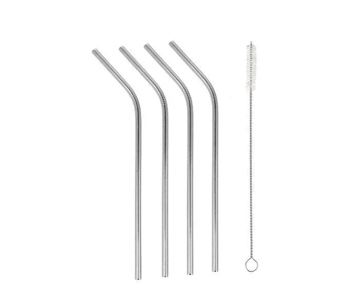 Inox drinking straws, bent, stainless steel, with cleaning brush, 5 pieces