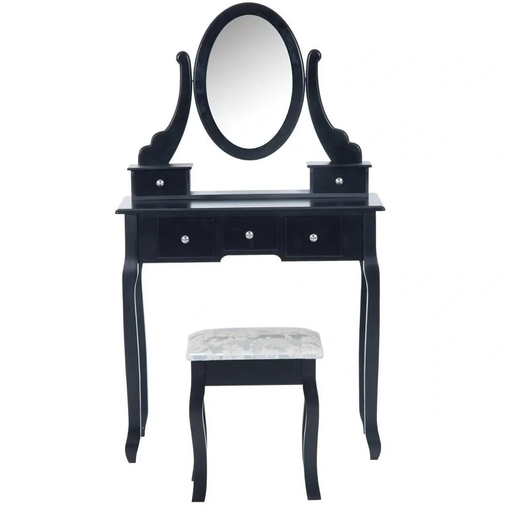 Dressing table with mirror and stool black