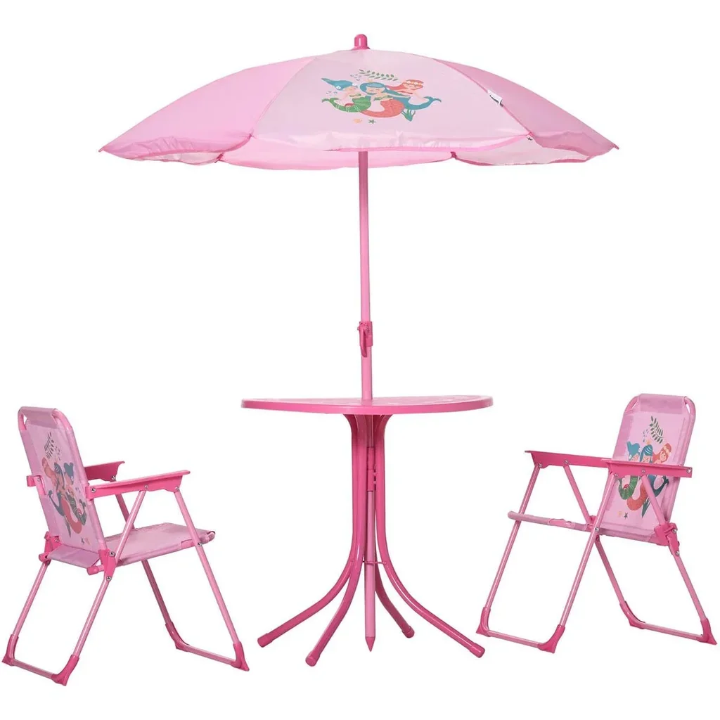 4 piece children's furniture set garden table 2 folding chairs parasol camping child seat set garden furniture for 3-6 years pink