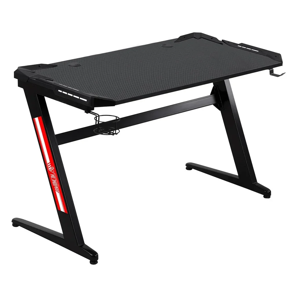 Computer Desk Gaming Table with LED Light Desk with Cup Holder Headphone Hook Z-shaped Office Table MDF Metal ABS
