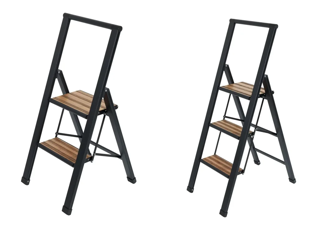 Aluminium design folding stepladder 2-step black, non-slip household ladder, safety stepladder
