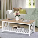 Side table, coffee table, sturdy tea table, living room table, farmhouse style, MDF, natural + white, 116 x 60 x 48 cm