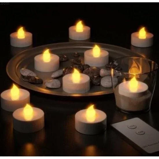 Flickering LED tealight warm white with remote control - 10 pieces - white