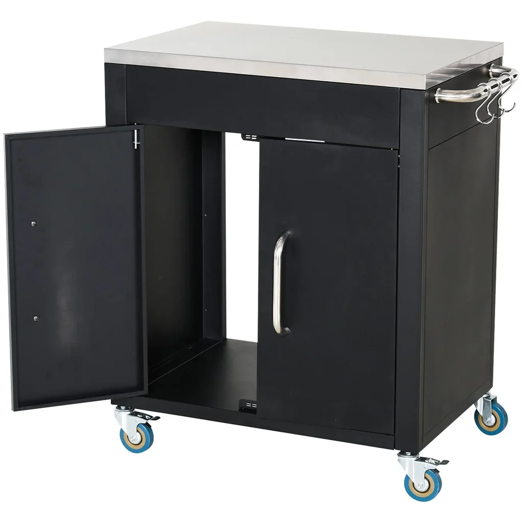Stainless steel kitchen cart with kitchen cabinets, black
