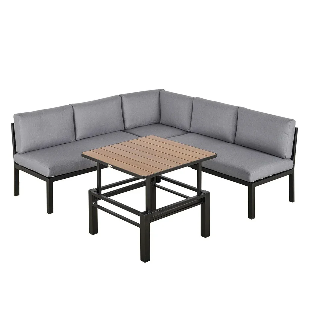 4-piece garden furniture set, garden set, seating group with liftable coffee table, sofa with cushions, outdoor aluminum, gray