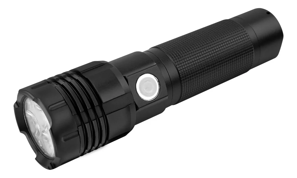 Professional LED metal flashlight with 3x10W high-performance LEDs and a special lens, rechargeable