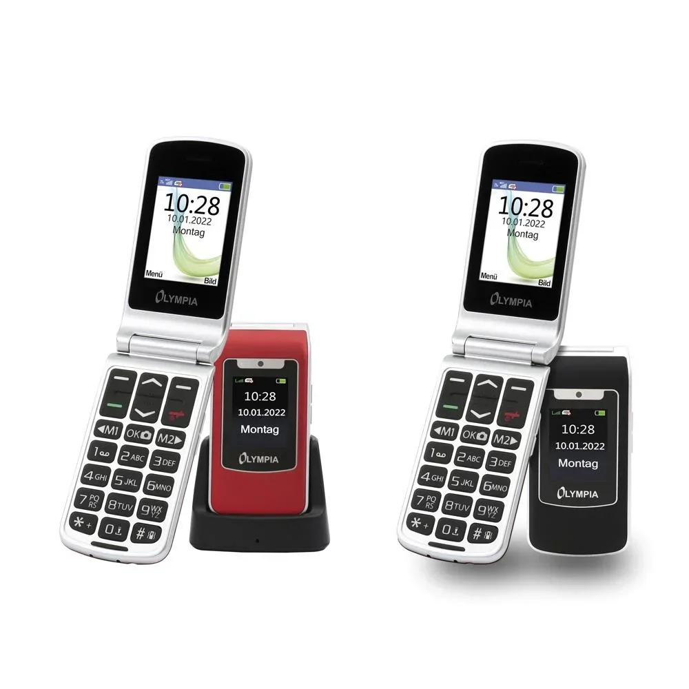 Large-button flip phone 4G with emergency call button, USB-C port, black