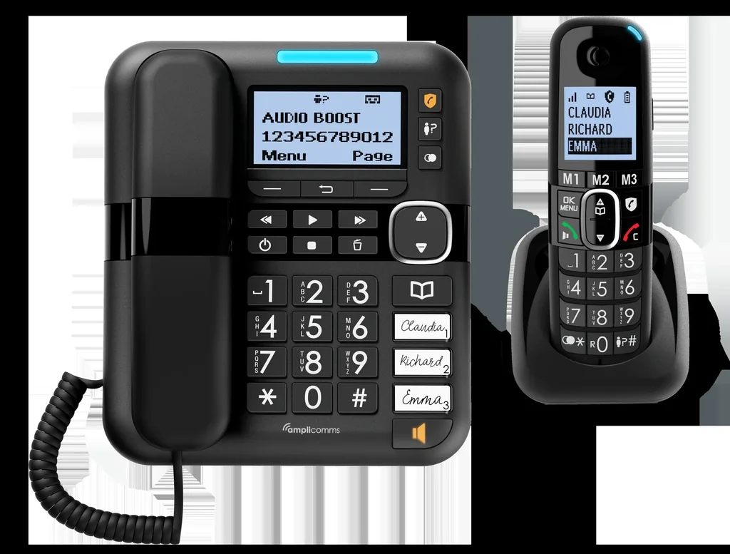 Large button combination with base and cordless telephone
