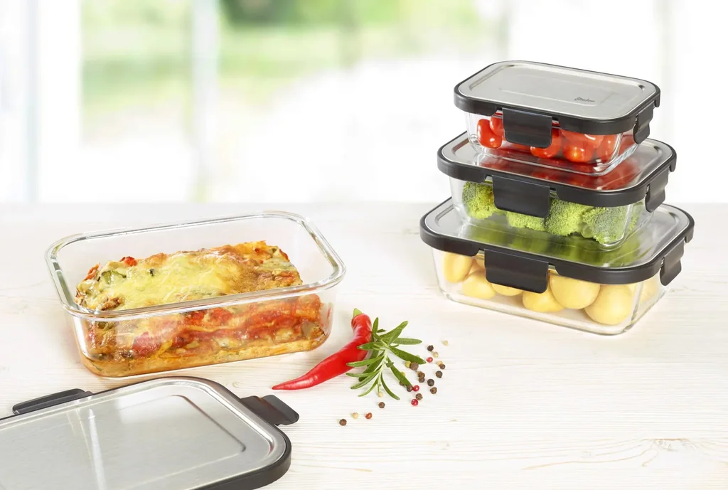 Glass storage containers with stainless steel click lid, 6 pieces, 370/620/1000 ml - food storage containers! Glass containers!
