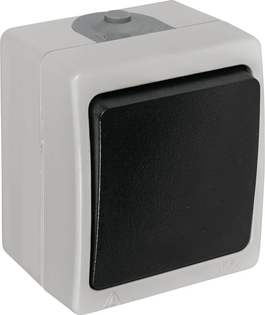 Surface-mounted damp room heating emergency switch with lens and inserted glow lamp