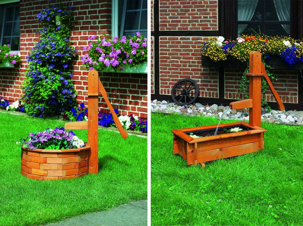 Round wooden trough with wooden handle pump