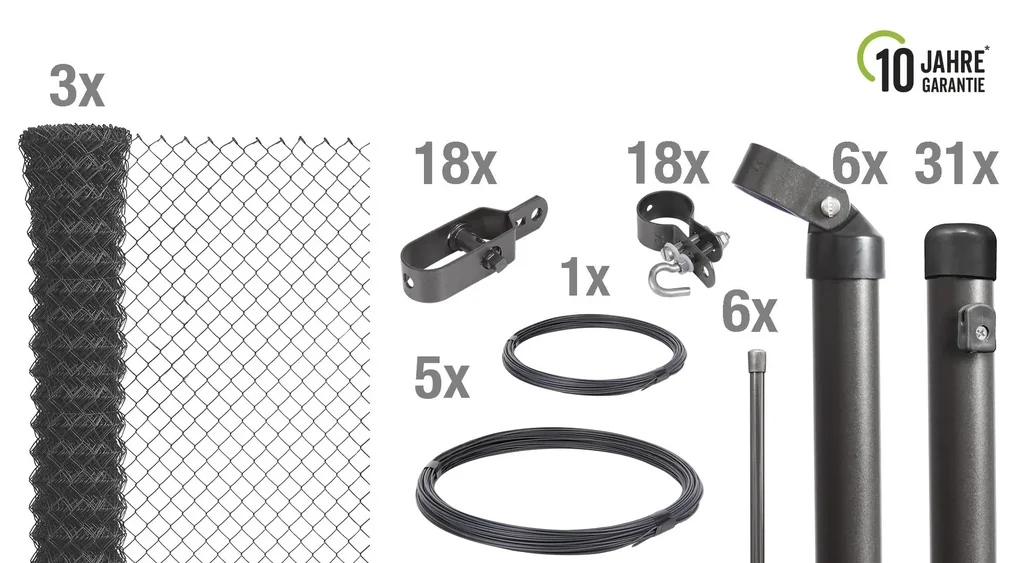 Chain link fence as a complete fence set, for setting in concrete, anthracite metallic, height 125 cm, length 75 m