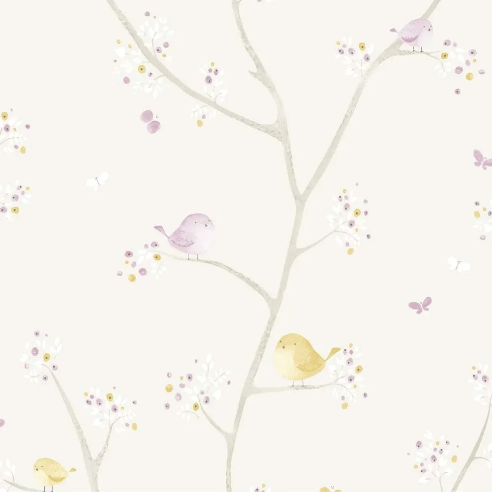 Casadeco My Little World tkanina birdie fioletowy szary limonka