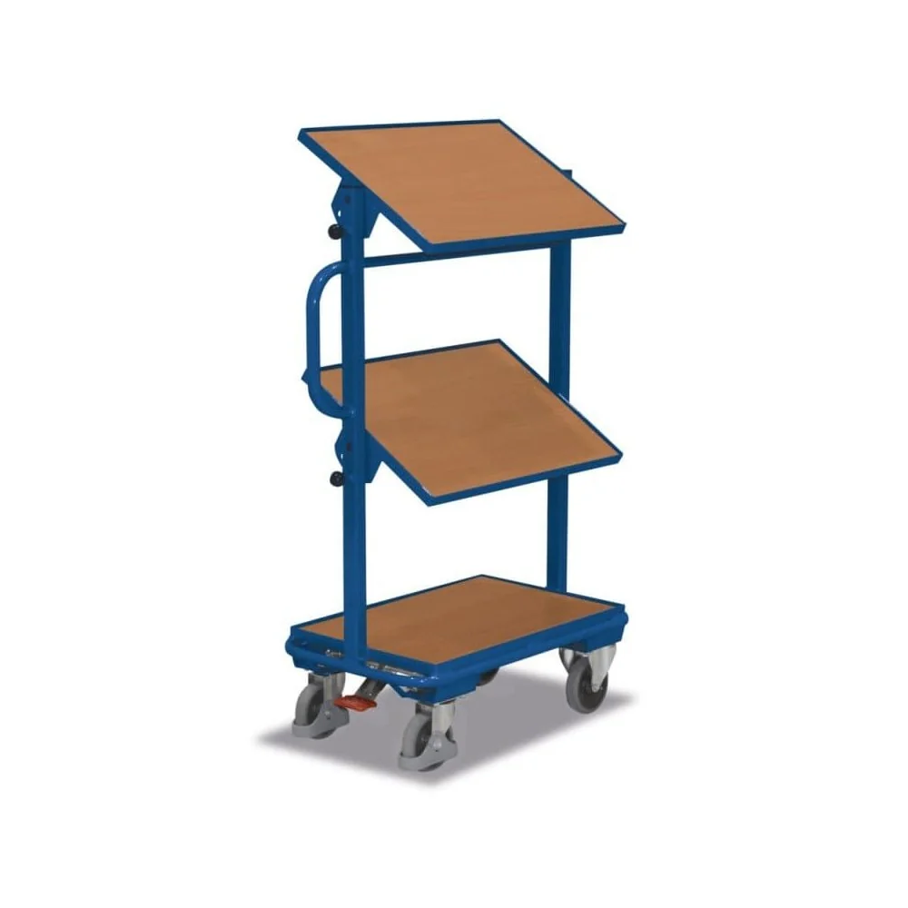 Wózek pomocniczy z 3 drewnianymi półkami, pochylany + EasySTOP