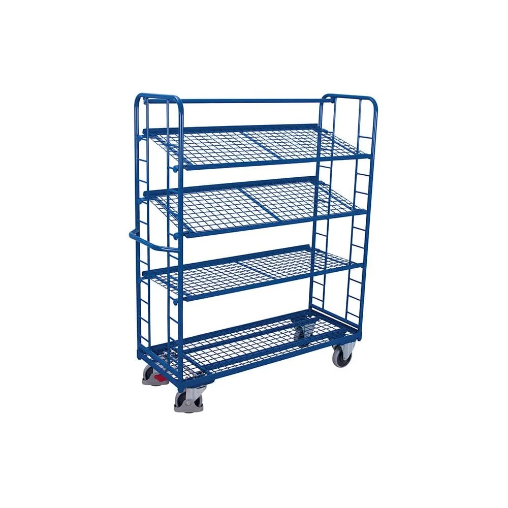 Wózek piętrowy z 4 półkami z siatki drucianej, malowany proszkowo 400 kg Typ L + EasySTOP