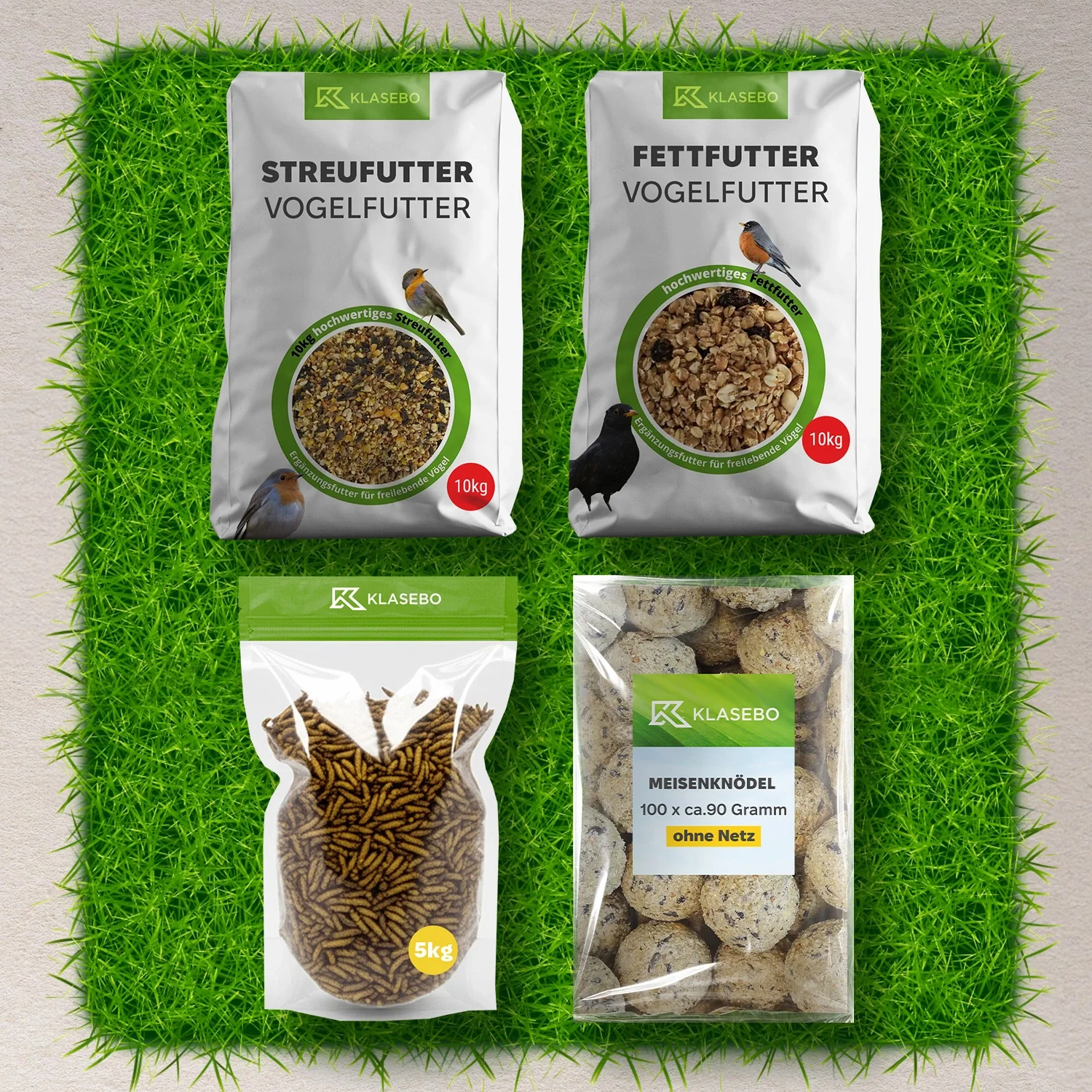 Premium zestaw karmy dla dzikich ptaków – karma do rozsypania 10 kg, suszone larwy muchy żołnierskiej 5 kg, kule tłuszczowe 100 szt. po 90 g, wysokokaloryczna mieszanka ptasia 10 kg