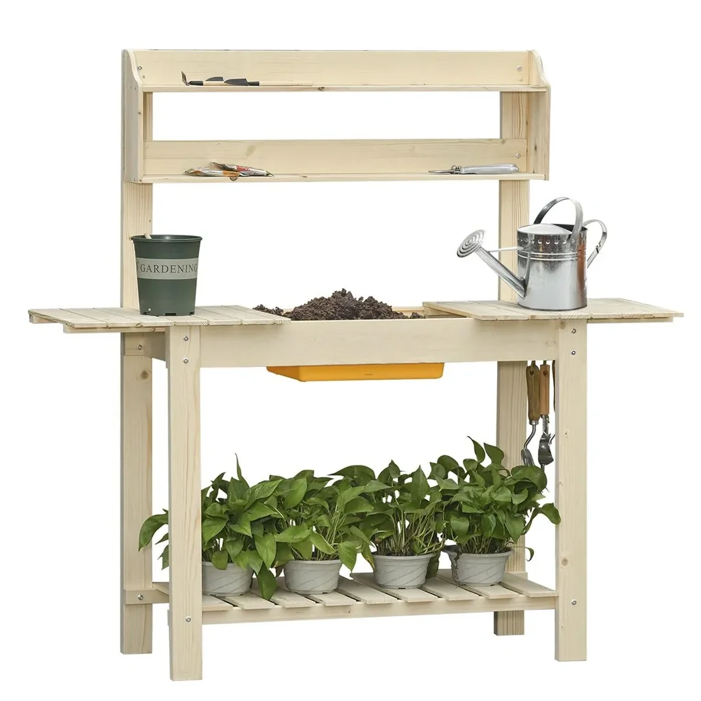 Planting table with hooks gardening table flower table made of fir wood plastic for garden terrace adjustable work surface