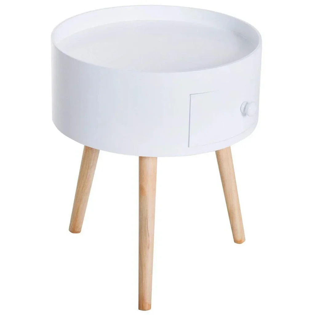 Round coffee table with drawer, white wood