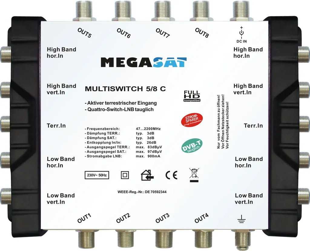 Multiswitch 5/8 C - Expandable system. Suitable for 1 satellite up to 8 participants per multiswitch.