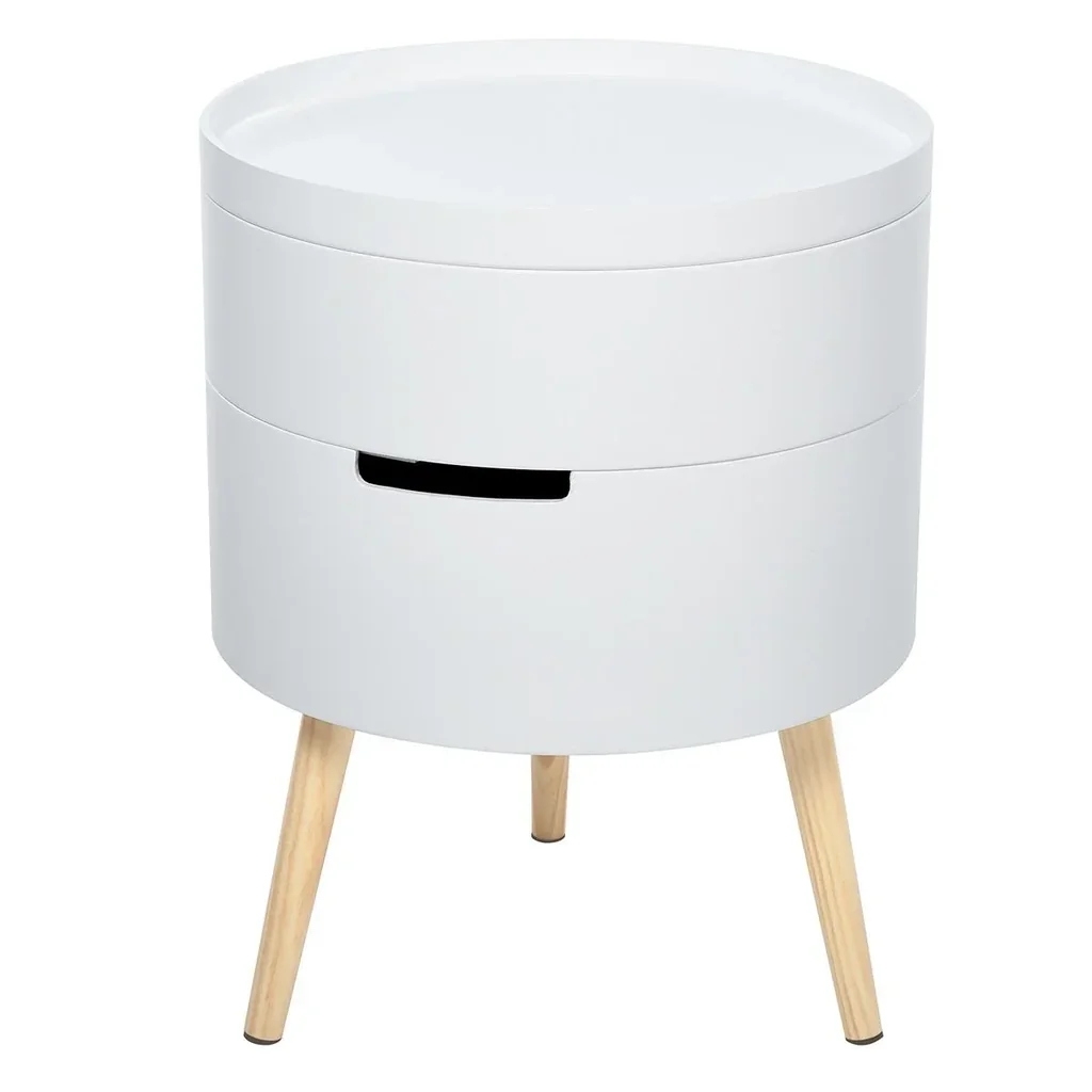 Round bedside table, side table, sofa table with 2 storage spaces, coffee table freely combinable, living room, wood, white, Ø38 x 48.3 cm