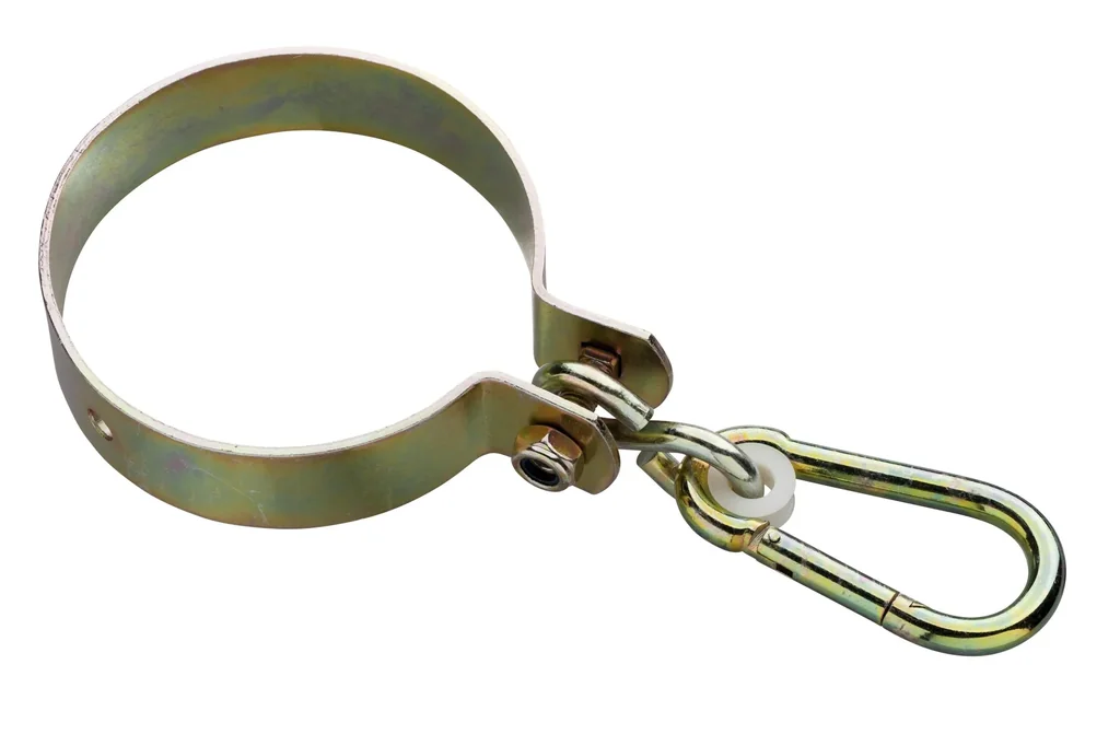 Swing hook yellow-galvanized Ø120 mm, thickness 3 mm with carabiner for round wood