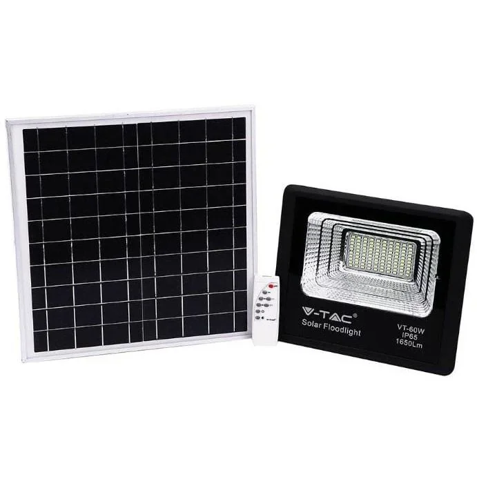 VT-60W Solar Floodlight with Solar Panel - 1650 Lm - 6000K - Black