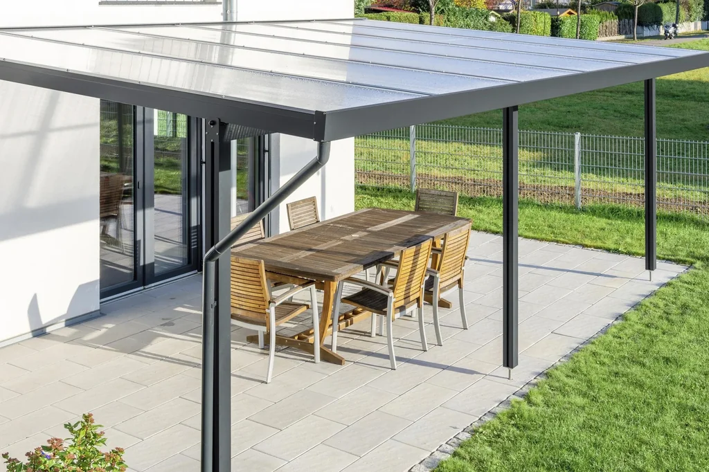 Patio roof Premium, anthracite, 6110 x 4060 mm - Polycarbonate multi-wall sheets 16 mm, clear