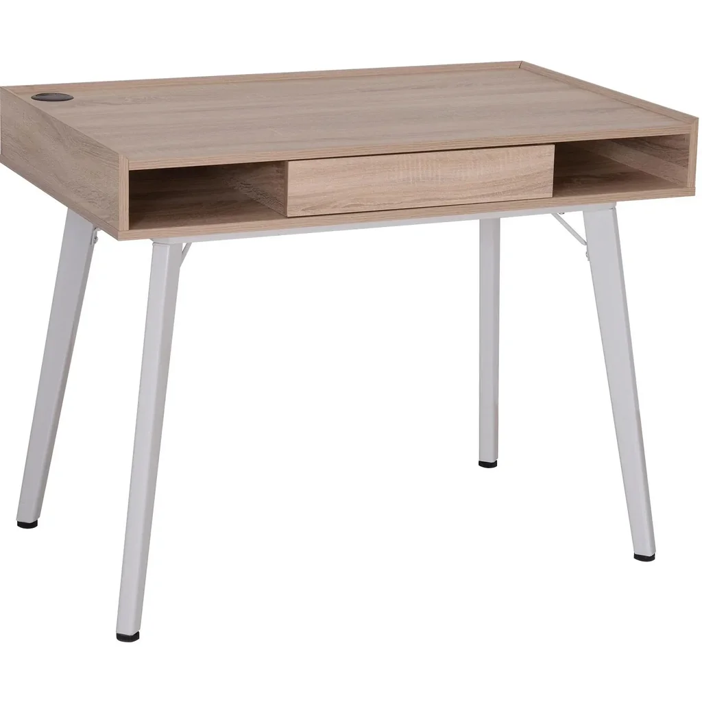 Desk Computer Table PC Laptop Office Table with Cable Hole Wood + Metal Natural + White 100 x 60 x 77 cm