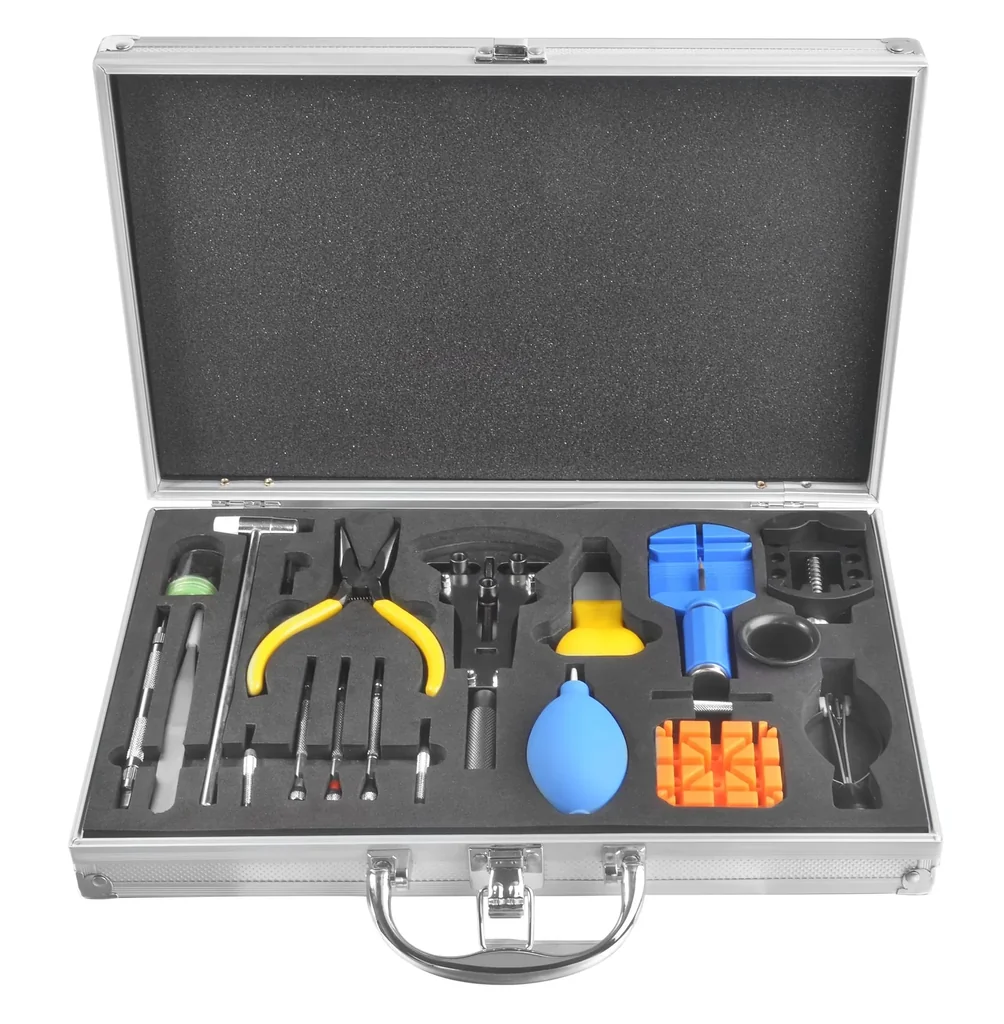 High-quality watchmaker tool set in an aluminum case